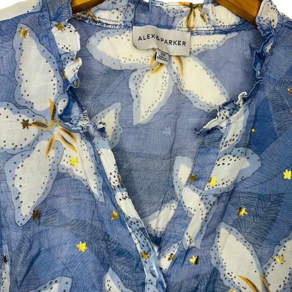 Alex & Parker Blue Gold Foiled Lily Sheer Ruffle Hem Short Sleeve Blouse Sz 3X - Picture 3 of 6
